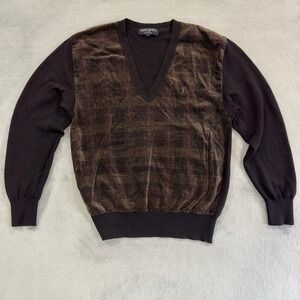 Vintage Yves Saint Laurent YSL Mens V Neck Knit Sweater Brown Plaid Velvet Sz 95